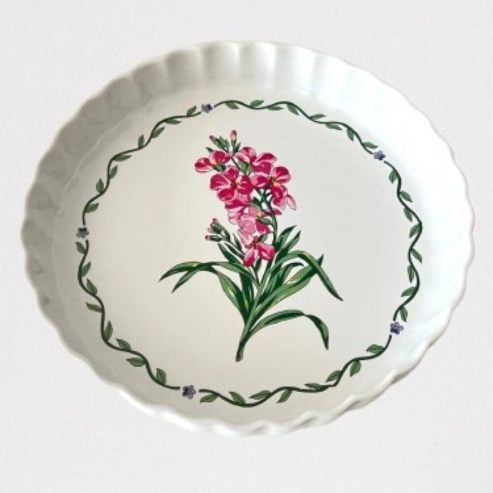 Vintage Ceramic  Fluted Quiche Pie Terrace Blossoms Pattern, 10"